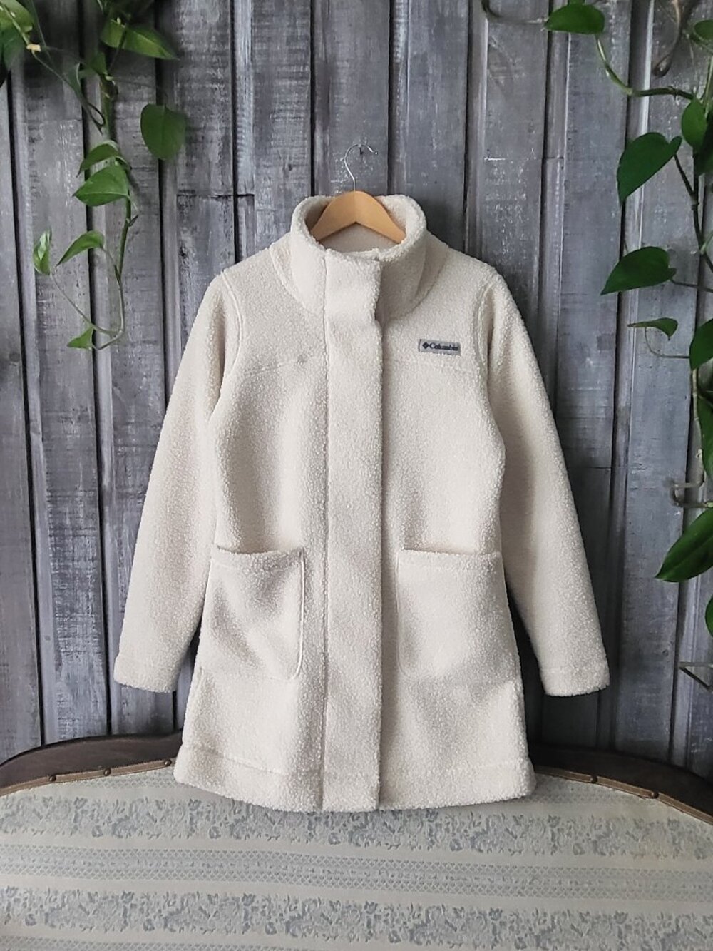 Columbia Panorama Long Jacket Cream Sherpa Fleece Snap Button Up Coat Small NWOT
